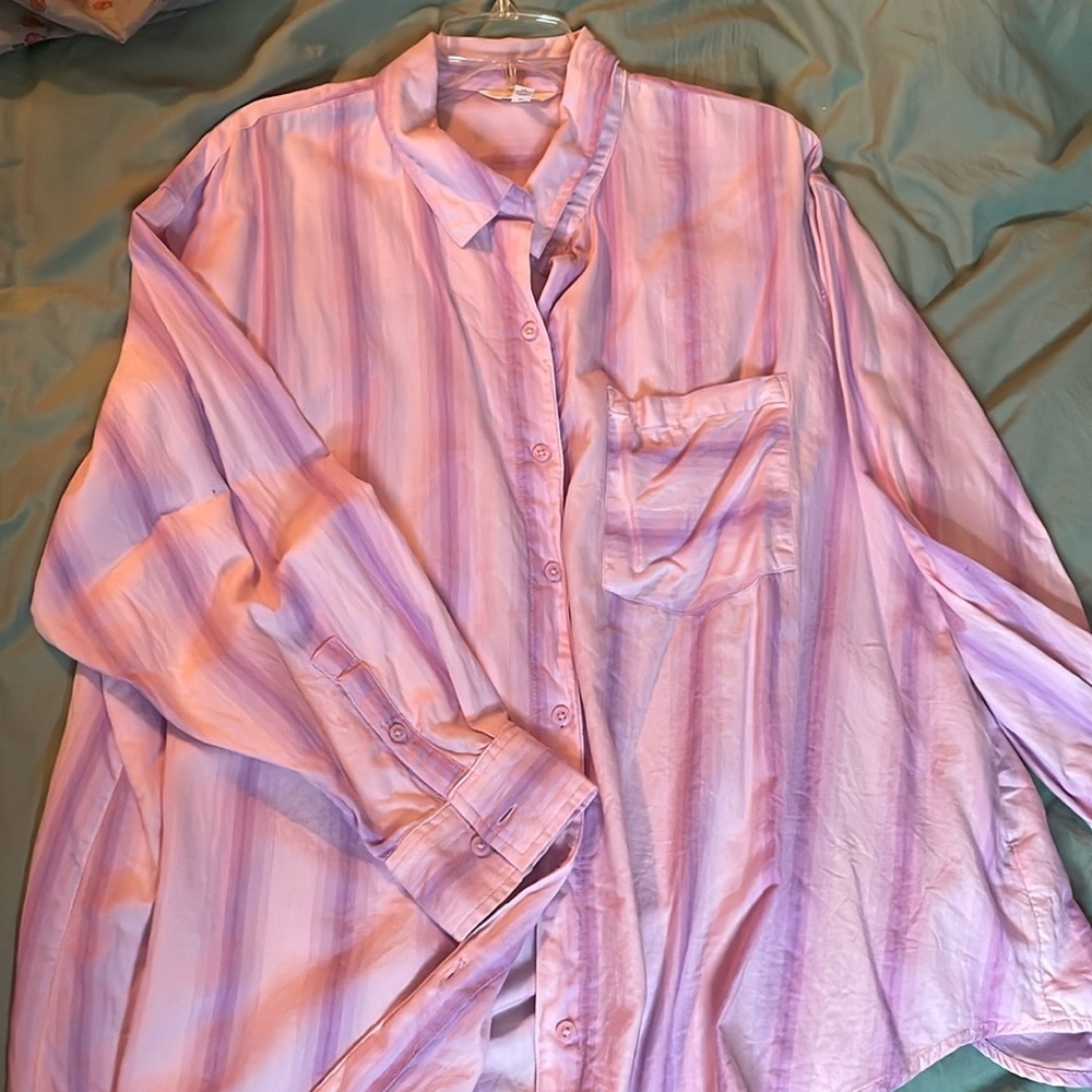 Terra sky size 1X (16w-18w) purple striped button down 100% cotton shirt